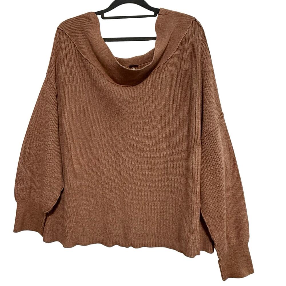Free People Alana Pullover Off Shoulder Sweater Brown SIZE LARGE Oversize Linen - Picture 3 of 9